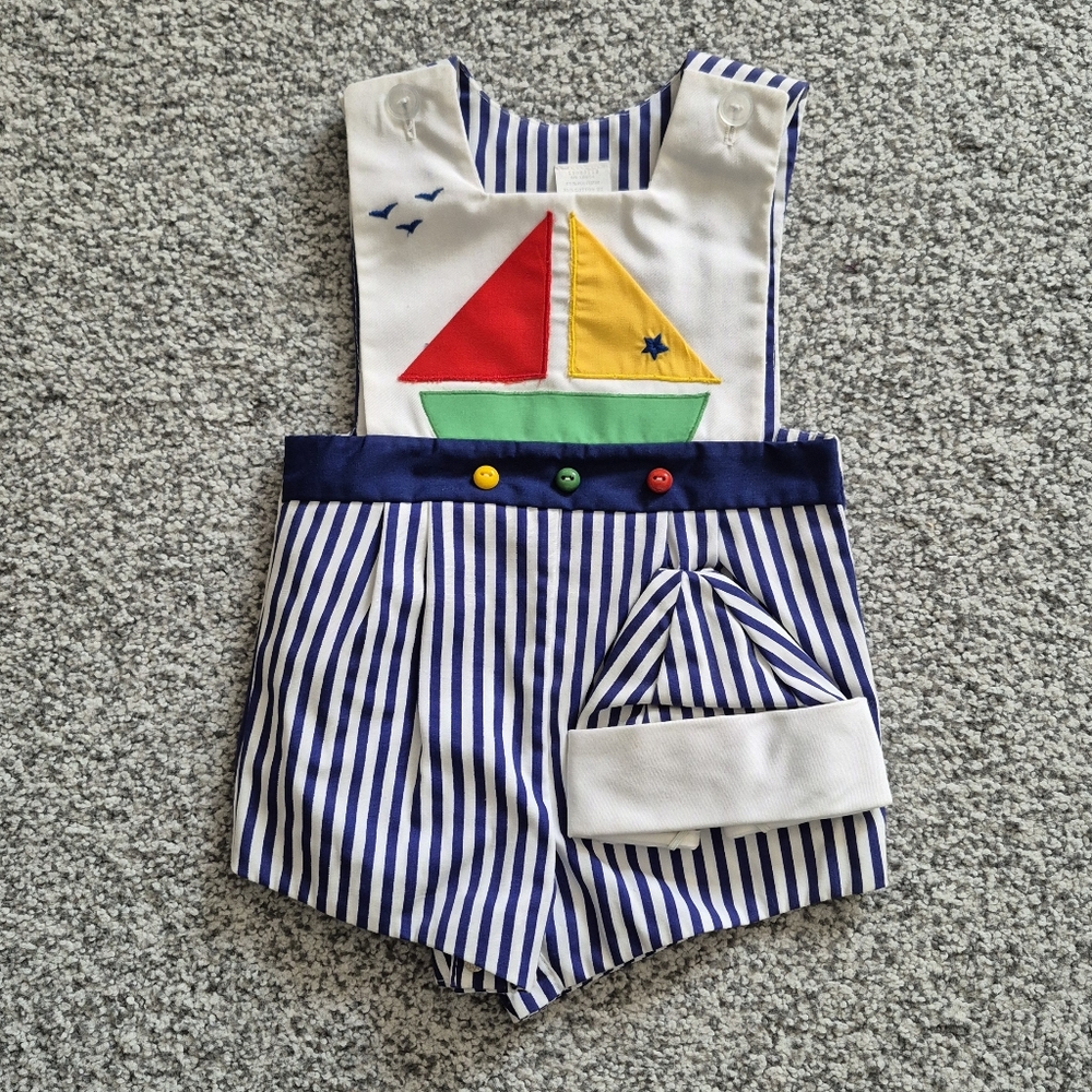 Vintage Baby Romper Sailboat Teddy Bear Jumper 11 Months With Hat